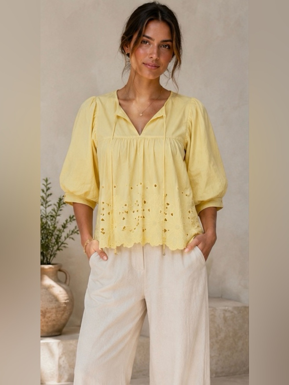 Entro Yellow Eyelet Embroidered Puff Sleeve Peasant Top Small NWT